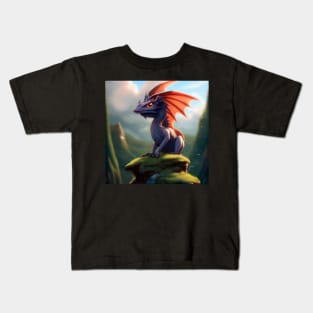 Baby Purple Dragon with Red Wings on a Rock Kids T-Shirt